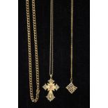 A COLLECTION OF CHAINS, includes; (i) A 9ct gold chain with 14k gold cross pendant, filigree work