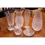 A COLLECTION OF GLASS ITEMS, includes; 4 Waterford cut glass vases, with a glass jar & lid and