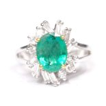 AN 18CT WHITE GOLD COLOMBIAN EMERALD & DIAMOND CLUSTER RING, Emerald 1.77 cts., diamond .85 cts.