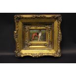 A GILTWOOD FRAMED MINIATURE PRINT, of a boxer dog, frame with shell corners, and acanthus leaf