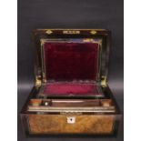 A WALNUT & EBONISED INLAID WORK BOX with mother of pearl cartouche and keyplate, opens to reveal