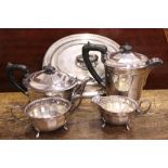 A PLATED SILVER TEA / COFFEE SET, Sheffield, includes; A tea pot, a coffee pot, a sugar bowl, a jug,
