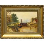 A 19TH CENTURY OIL ON CANVAS, "CANAL WITH BOAT AND FIGURES, BY A COTTAGE", signed with monogram G.