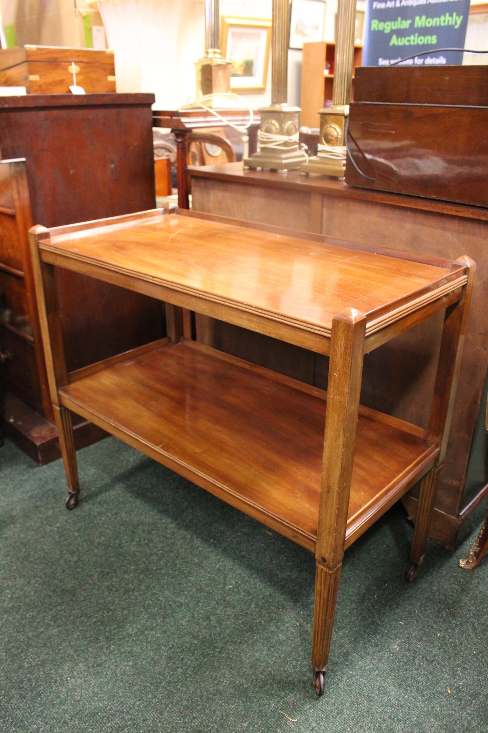 A TWO TIER WHAT NOT / SERVING TABLE, with reeded tapering legs on castors, 36" x 18" x 32.5" approx - Image 2 of 4