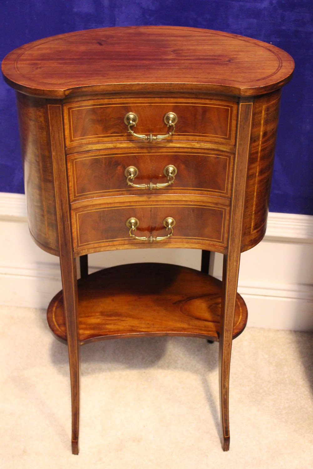 AN EDWARDIAN INLAID KIDNEY SHAPED SIDE CABINET, with single drawer of a 1 door marble lined cabinet, - Image 2 of 3