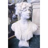 A GARDEN ORNAMENT, in the form of a bust of a lady, 24" tall approx