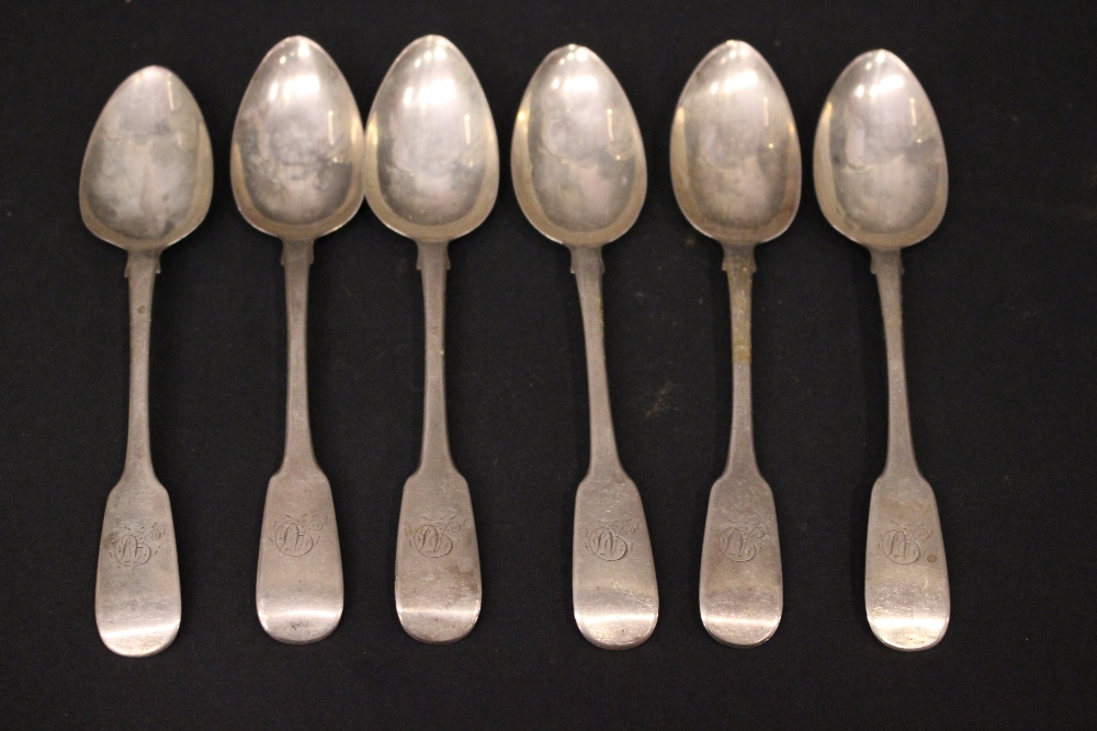 A SET OF 6 19TH CENTURY IRISH SILVER SPOONS, rattail, maker's mark WC for William Cummins, date