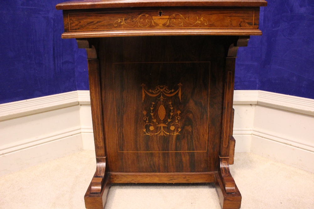 A VERY FINE ROSEWOOD INLAID DAVENPORT, with lift up leather topped writing slope, a raised back with - Image 3 of 5