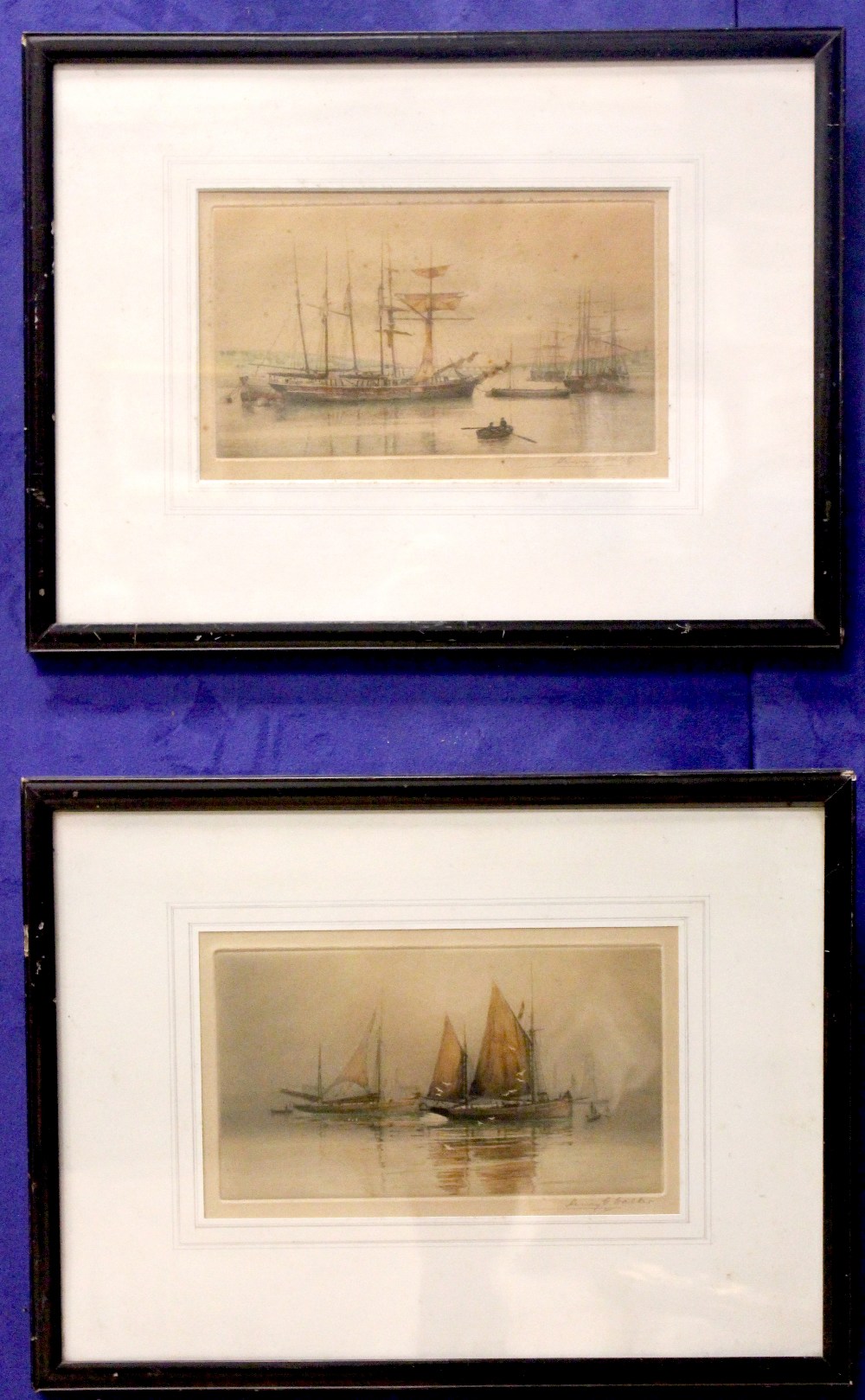 HENRY G. WALKER, A PAIR OF PRINTS, (i) Ships in an Estuary, (ii) Anchored boats, both signed on