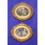 A PAIR OF OVAL GILT FRAMES, prints within, the frames with floral and foliage design, 8" x 6.5"