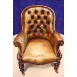 A FINE VICTORIAN BUTTON BACKED ARM CHAIR, with carved arm rest ends, raised on turned leg, 39" x 30"
