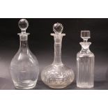 A COLLECTION OF GLASS DECANTERS, includes; (i) A 19TH CENTURY CUT GLASS DECANTER, 'ONION' OR '