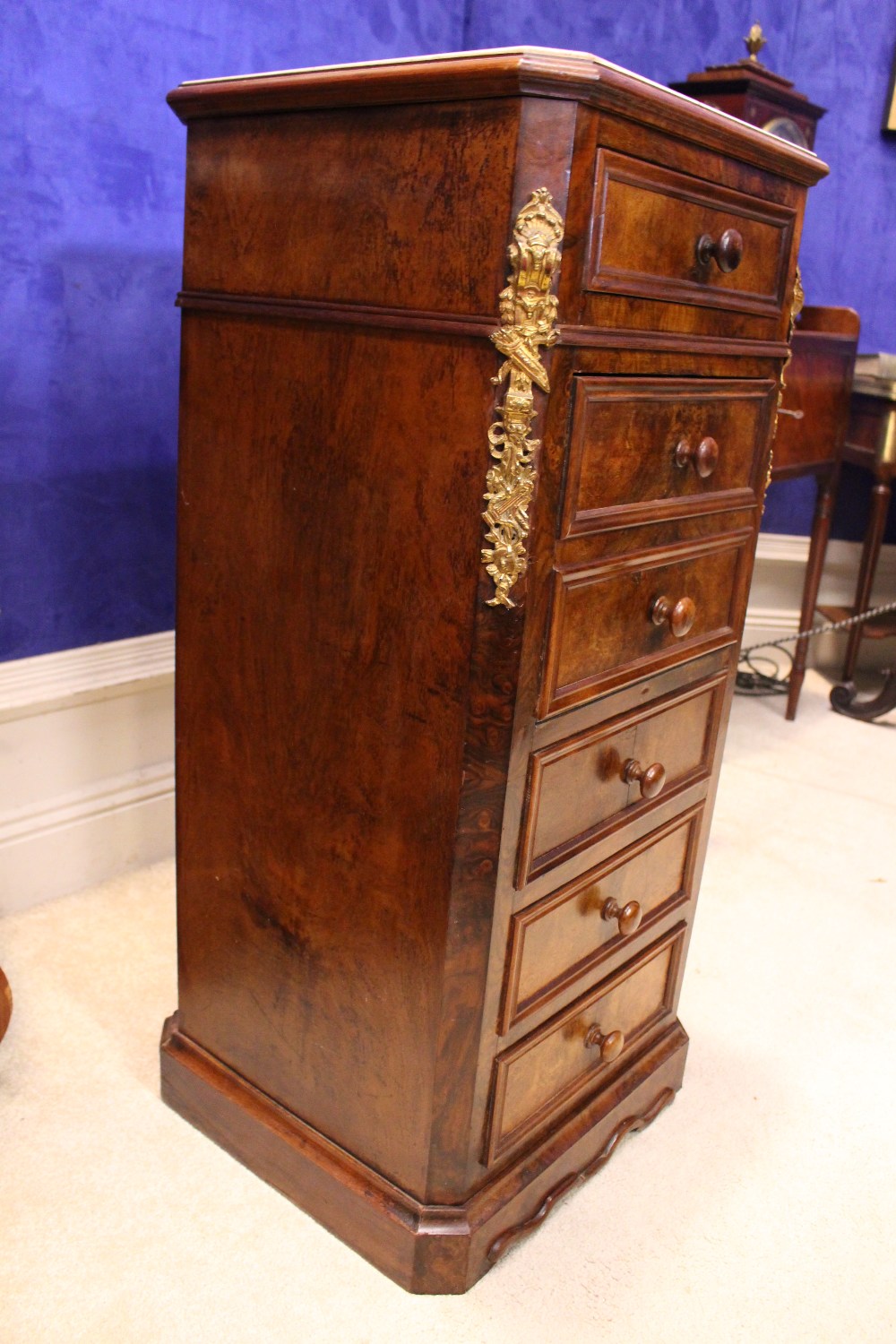 A MARBLE TOPPED CABINET, with canted corners, the front with ormolu mounts, 1 drawer over a drop - Image 3 of 7