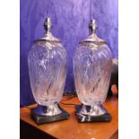 A PAIR OF CONTEMPORARY CUT GLASS & CHROME TABLE LAMPS, on marble bases, 16" tall approx without