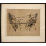 A FRAMED PRINT, possibly Japanese, on handmade paper, depicting a bamboo bridge with figures and