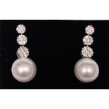 A PAIR OF 18CT WHITE GOLD, SOUTH SEA PEARL & DIAMOND EARRINGS, 2.15cts.