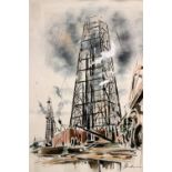 JOHN HAYMSON, "OIL FIELDS", mixed media on paper, signed lower right, 31.5"x25" approx frame