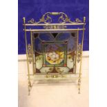 A BRASS & LEAD STAINED GLASS FIRE SCREEN / GUARD, with floral design to the glass panels, 31" x