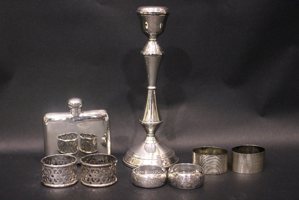 A MIXED LOT OF SILVER ITEMS, includes, (i) A silver candle stick, Irish, date letter 'M' for 1978,