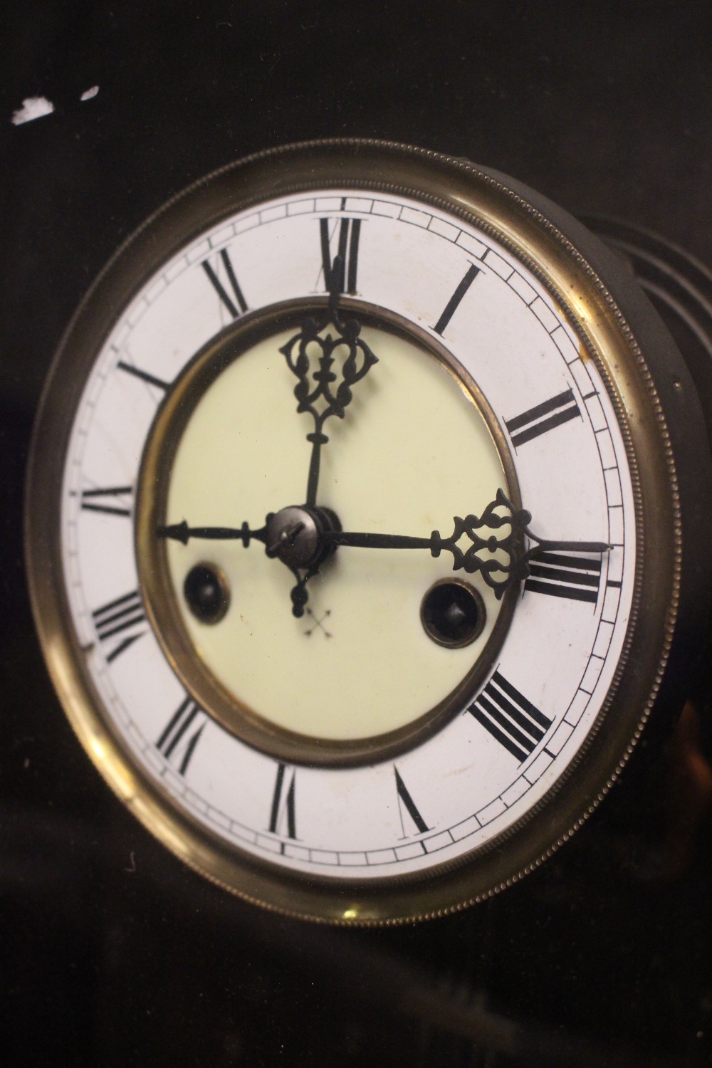 A BOXED WALL CLOCK, with turned finial to the top, brass and enamel face, keys within, 36" x 14" x - Image 2 of 3