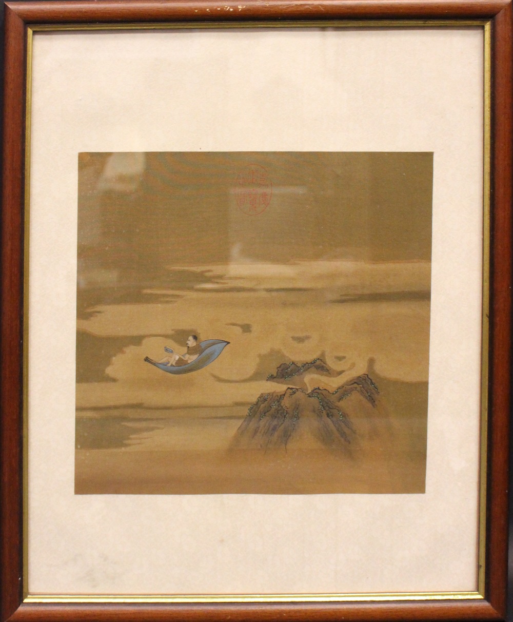 A SET OF 3 ORIENTAL PRINTS on silk, (i) a scholar in robes, (ii) A man seated in a flying leaf - Image 2 of 11