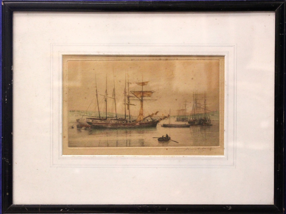 HENRY G. WALKER, A PAIR OF PRINTS, (i) Ships in an Estuary, (ii) Anchored boats, both signed on - Image 2 of 7