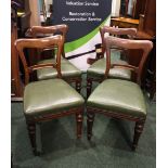A SET OF 4 DINING ROOM CHAIRS, having carved back rail and curved shoulders, with green stuffed over