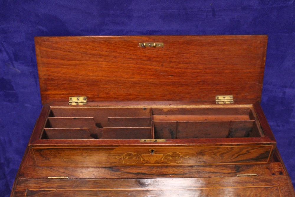 A VERY FINE ROSEWOOD INLAID DAVENPORT, with lift up leather topped writing slope, a raised back with - Image 5 of 5