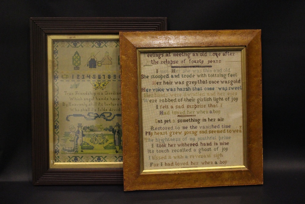 A FRAMED SAMPLER, inscribed verso, 'embroidered by Studdart, 1886", along with another framed print