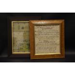 A FRAMED SAMPLER, inscribed verso, 'embroidered by Studdart, 1886", along with another framed print