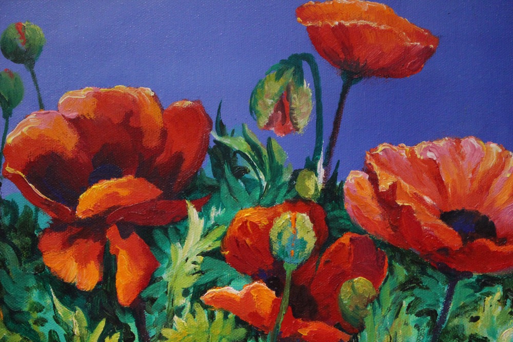 KENNETH WEBB, (b. 1927), "POPPIES IN SUNLIGHT", oil on canvas, signed lower right, inscribed verso - Image 2 of 3