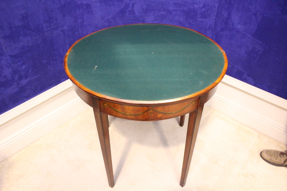 A DEMI LUNE SATINWOOD FOLD OVER CARD TABLE, decorated with hand painted motif of foliage and cherubs - Image 3 of 3