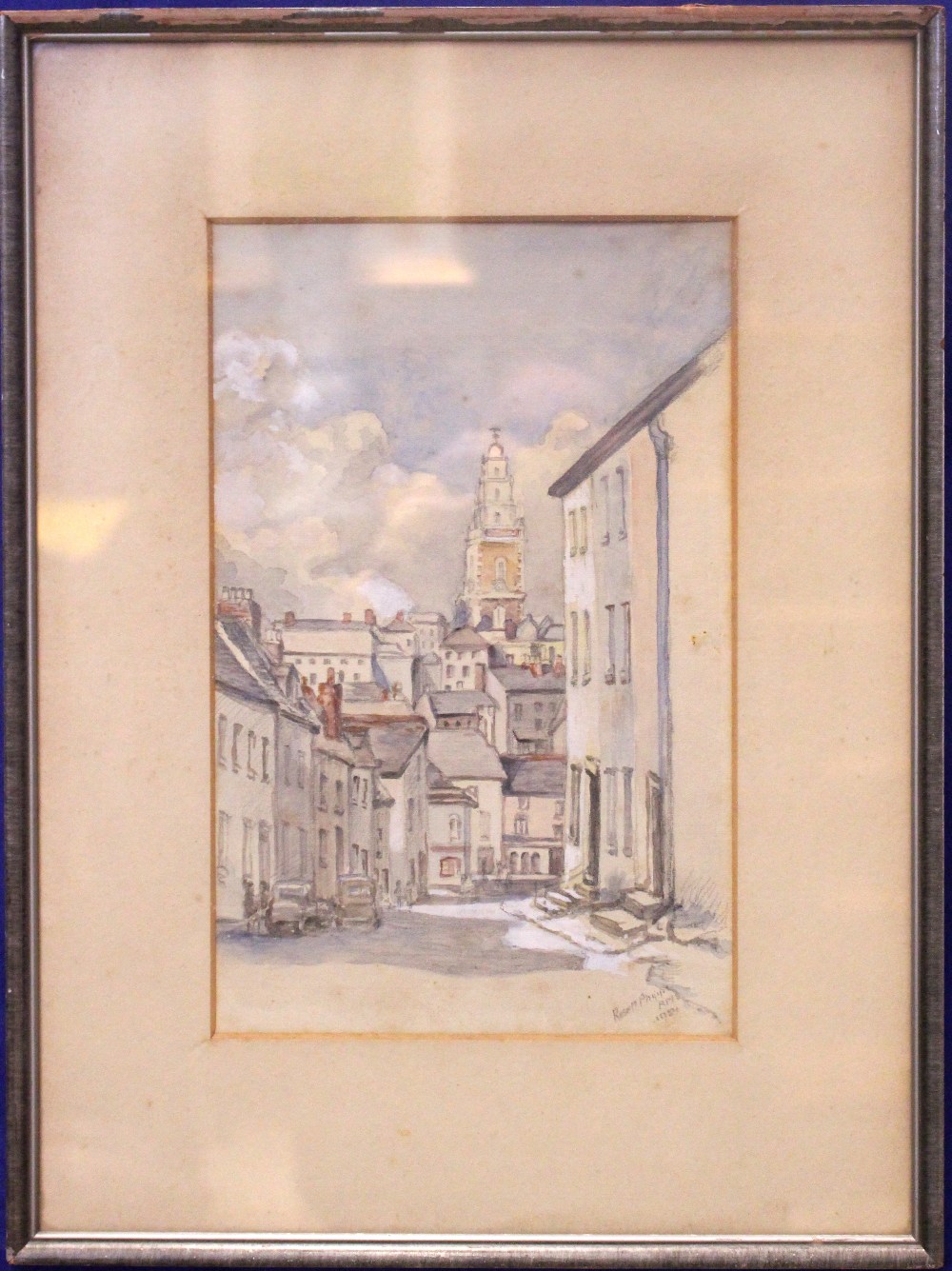 ROSE M. PHIPPS, "CORK CITY STREET, WITH SHANDON BELLS BEYOND", watercolour over pencil on paper,