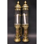 A PAIR OF 'GWR' BRASS CANDLE WALL LANTERNS, with clear glass chimneys, 16.5" tall each