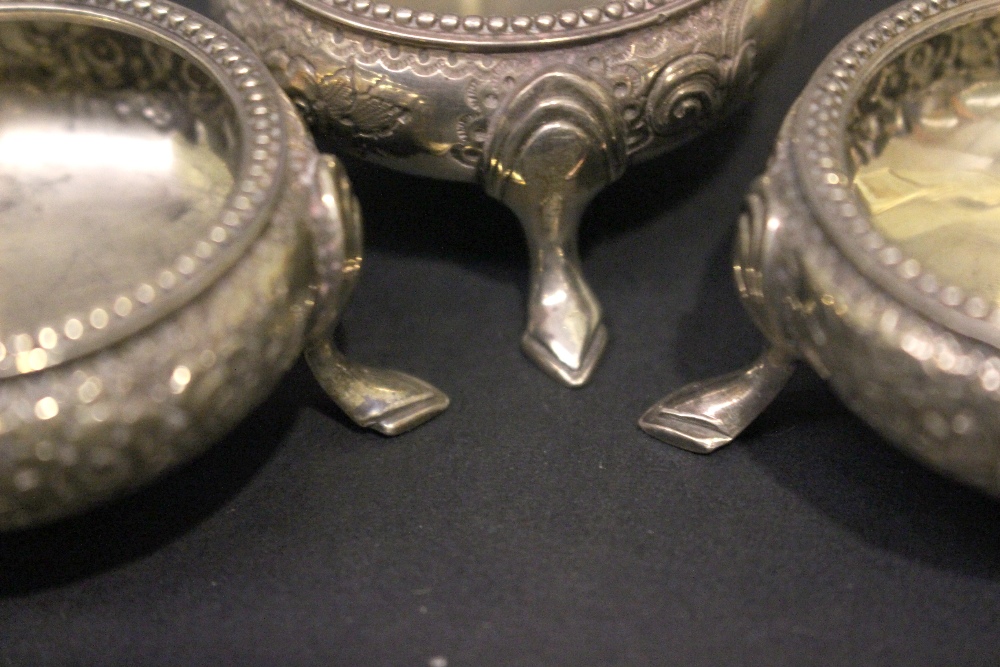 A SET OF 3 19TH CENTURY SALT CELLARS / CAULDRONS, each decorated with floral embossed design, and - Image 7 of 7