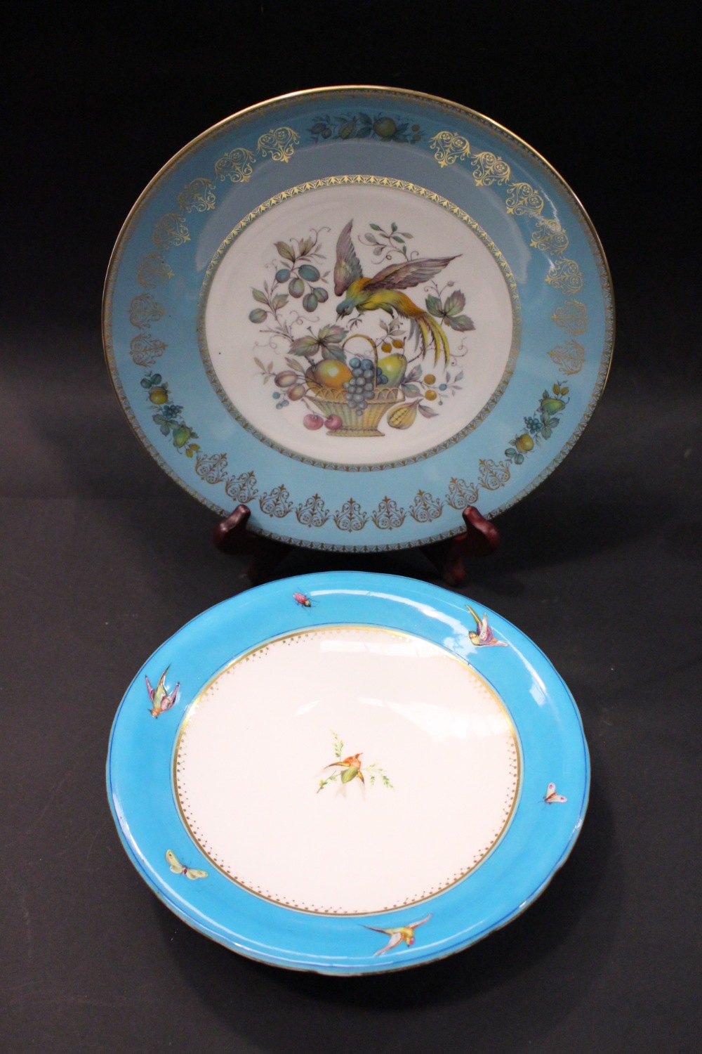 TWO PLATES, (i) An Aynsley fine bone china plate, with bird & fruit basket decoration, 11" diam