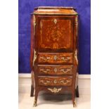 A VERY FINE LATE 19TH CENTURY FRENCH BOMBE SHAPED ‘SECRÉTAIRE Á ABBATANT’ CHEST, with marble top and