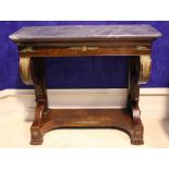 A VERY FINE WILLIAM IV MAHOGANY MARBLE TOPPED CONSOLE TABLE / HALL TABLE, with a long frieze drawer,