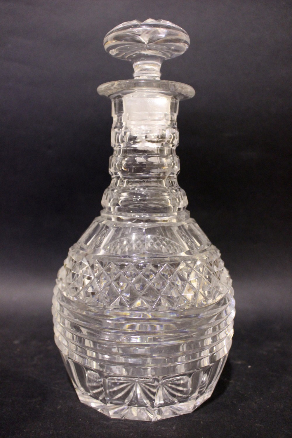 A 20th CENTURY GLASS DECANTER, with stopper