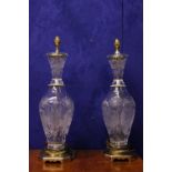 A PAIR OF LARGE CUT GLASS LAMPS, with brass bases and trim, each decorated with floral and star