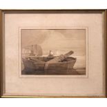 SAMUEL PROUT (1783-1852), "NEAR SALTASH, DEVON", sepia wash over pencil on card, signed lower left