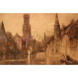 AFTER HENRY C. BREWER, RI (1866 - 1950), "A CANAL WITH CHURCH AND BOATS", signed in the plate