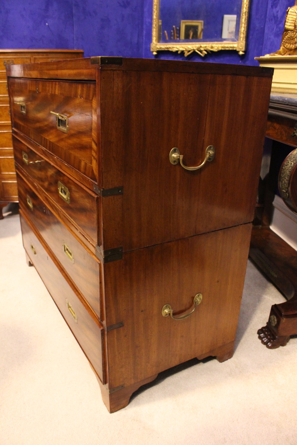 A REGENCY 'CAMPAIGN' BRASS BOUND CHEST SECRETAIRE, Mahogany, with crossbanded front detail to the - Image 4 of 5