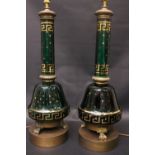A LARGE PAIR OF EMERALD GREEN & GILT 'BOHEMIAN' GLASS LAMPS, raised on claw and ball feet with