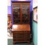 A VERY FINE EDWARDIAN MAHOGANY & INLAID BUREAU BOOKCASE, with astragal glazed two door cabinet, over