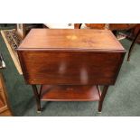 A DROP LEAF SUTHERLAND TABLE, with inlaid detail to the trim, centre and corners, a single frieze