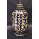 A LARGE 18TH CENTURY GERMAN ‘WESTERWALD’ STONEWARE SALT GLAZED JAR, with pewter lid and base ring,