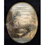 VERY FINE 19TH CENTURY, FRAMED EMBROIDERY PIECE ON SILK, a fisherman and shepherdess on a bridge,