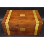 A BRASS BOUND MAHOGANY WRITING BOX, with green tooled leather writing slope within, which lifts to