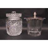 A KINSALE CRYSTAL BISCUIT BARRELL with lid, in excellent condition, with an Italian glass ice bucket